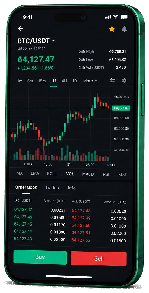 Royal Kapithorne mobile app — live BTC/USDT chart, order book, and trading interface